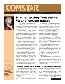 Shatner to Sing Trek Theme; Ferengi Creator Passes William Shatner, Who Played Captain Trek Theme Song
