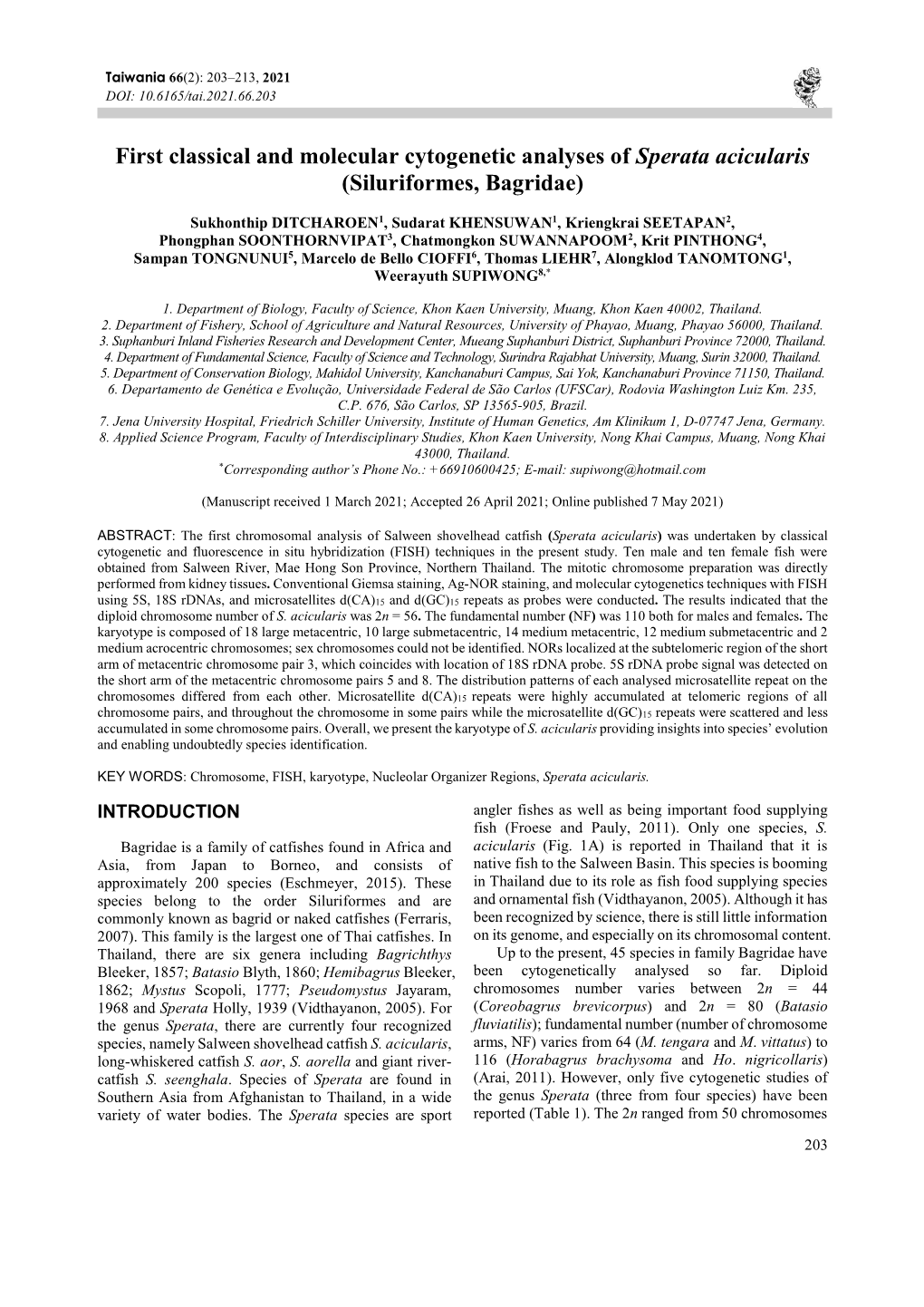 First Classical and Molecular Cytogenetic Analyses of Sperata Acicularis (Siluriformes, Bagridae)