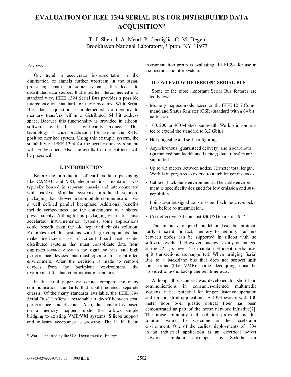 Evaluation of Ieee 1394 Serial Bus for Distributed Data Acquisition*