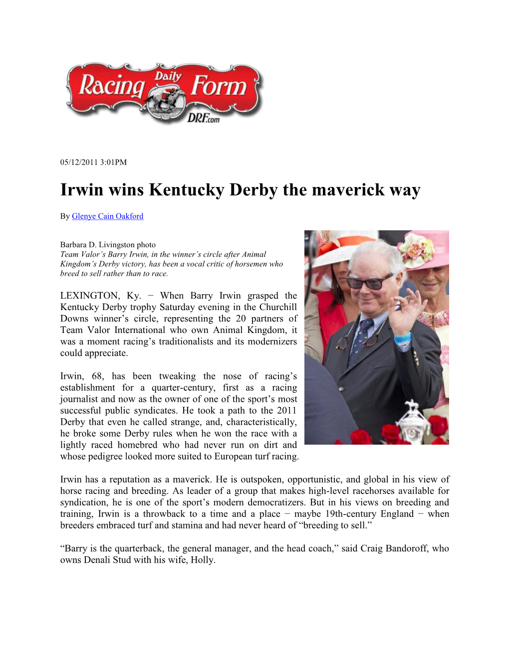 Irwin Wins Kentucky Derby the Maverick Way