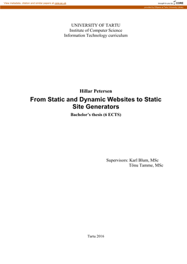 From Static and Dynamic Websites to Static Site Generators Bachelor’S Thesis (6 ECTS)