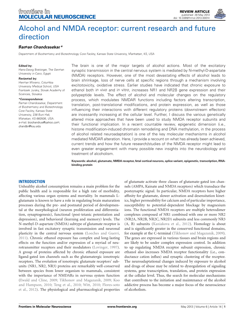 Alcohol and NMDA Receptor: Current Research and Future Direction