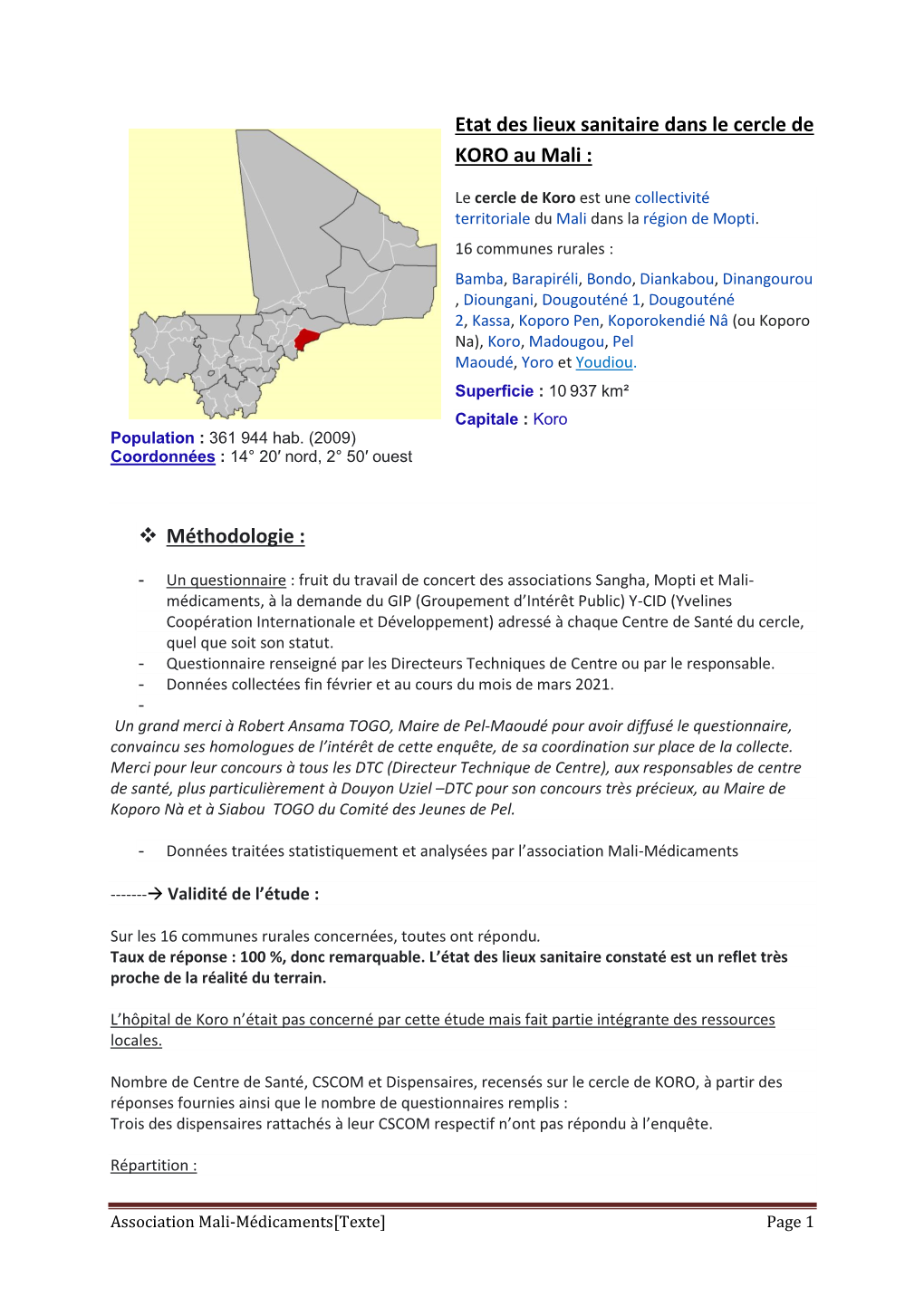 Etat Des Lieux Sanitaire Dans Le Cercle De KORO Au Mali