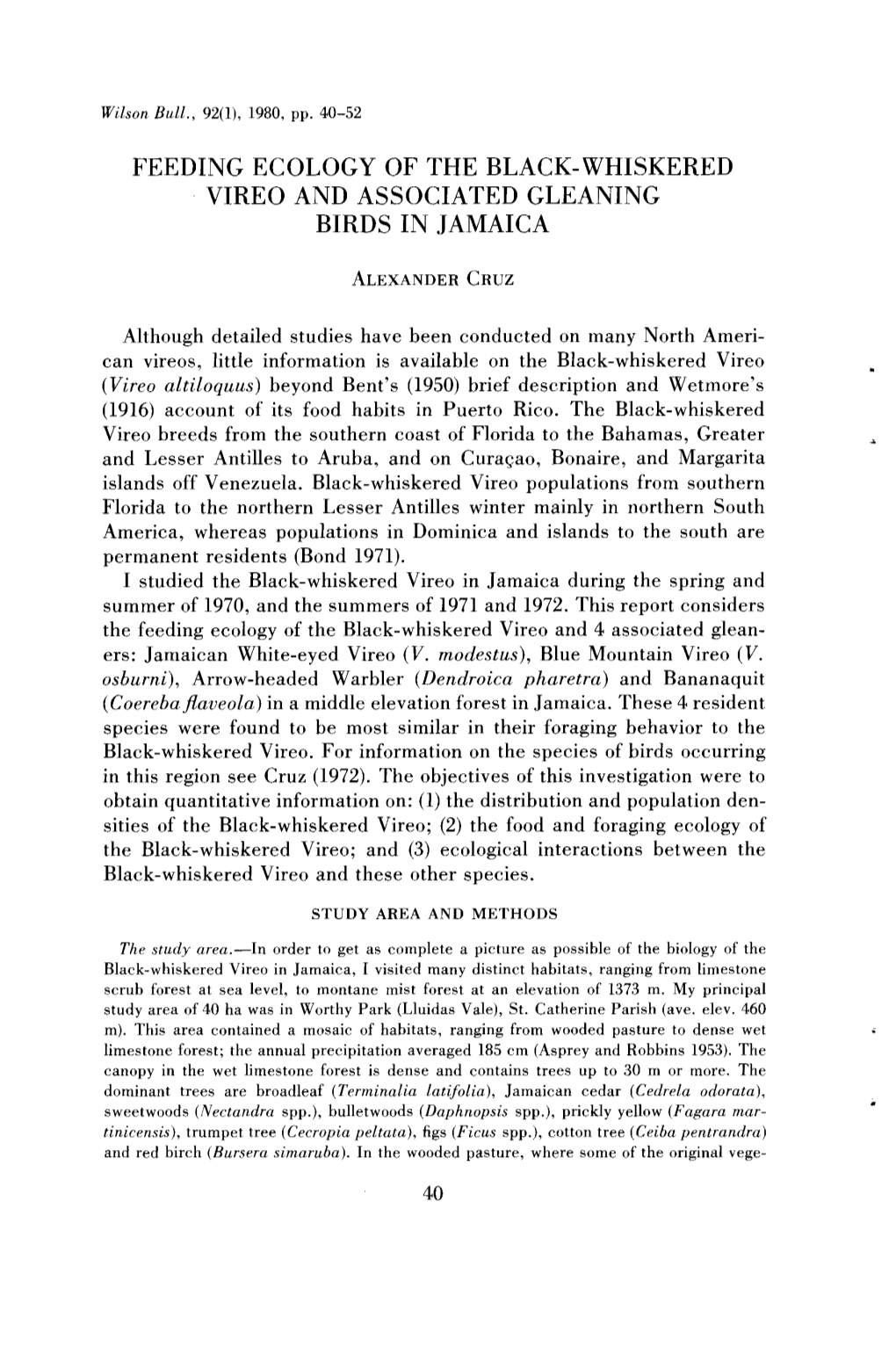 Feeding Ecology of the Black-Whiskered Vireo and Associated Gleaning Birds in Jamaica