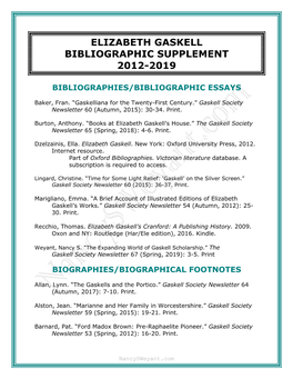 Elizabeth Gaskell Bibliographic Supplement 2012-2019