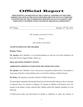 Proceedings and Debates of the National Assembly of the First Session (2015-2018) of the Eleventh Parliament of Guyana Under