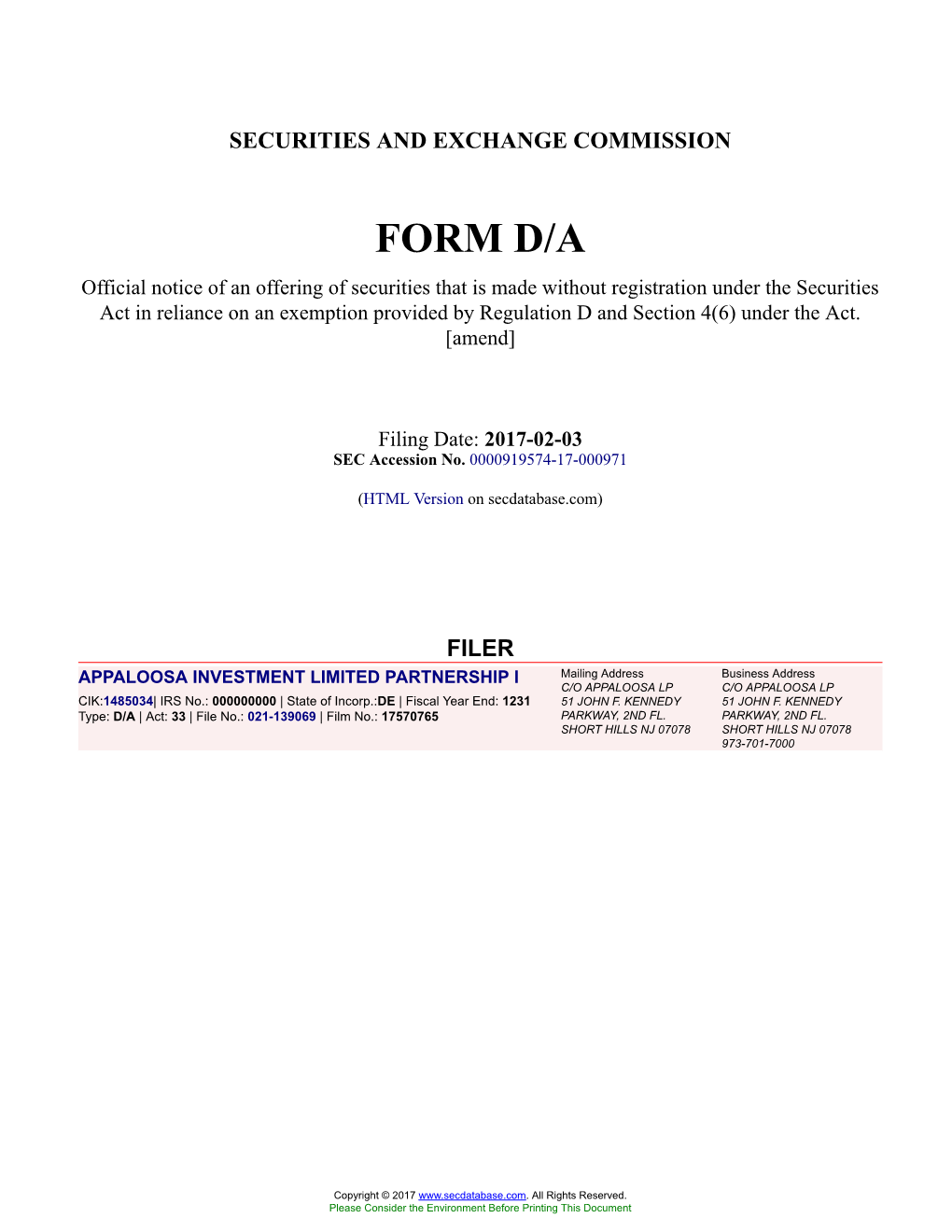 APPALOOSA INVESTMENT LIMITED PARTNERSHIP I Form D/A Filed