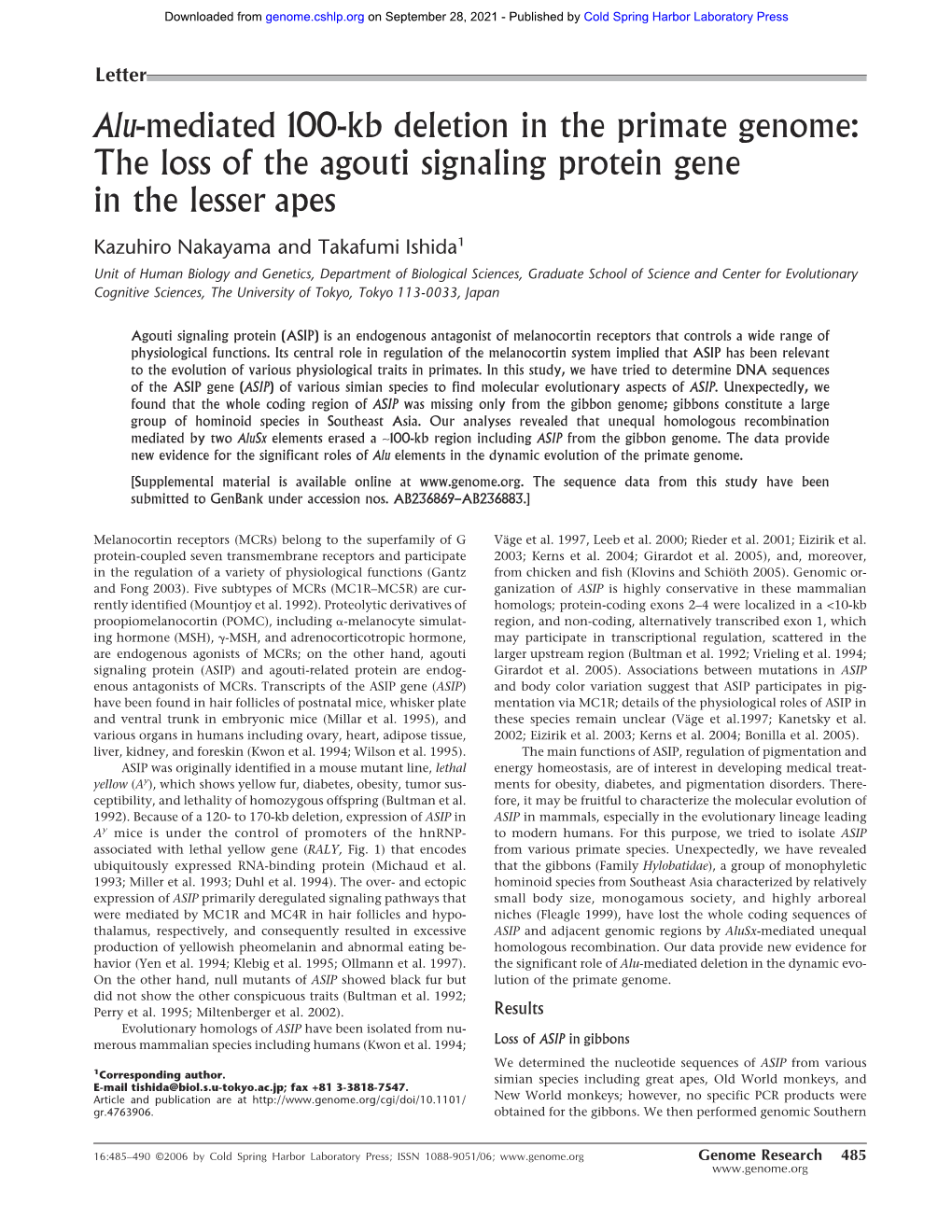 Alu-Mediated 100-Kb Deletion in the Primate Genome: the Loss of the Agouti Signaling Protein Gene in the Lesser Apes