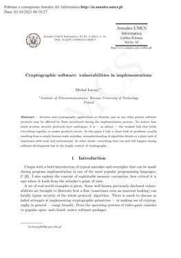 Cryptographic Software: Vulnerabilities in Implementations 1
