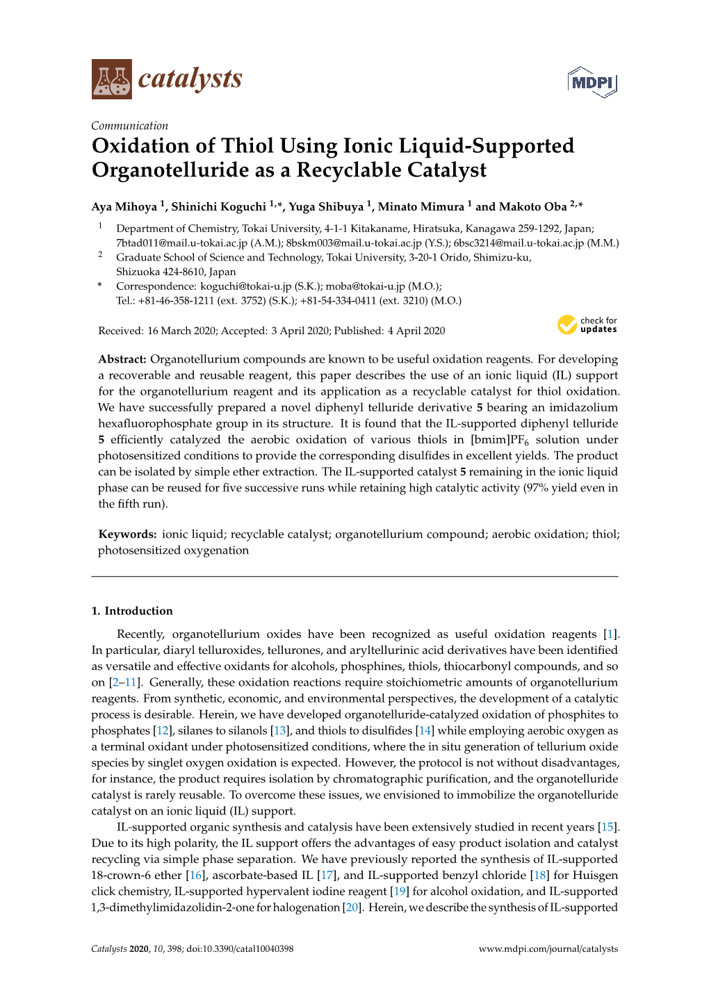 Oxidation of Thiol Using Ionic Liquid-Supported Organotelluride As a Recyclable Catalyst