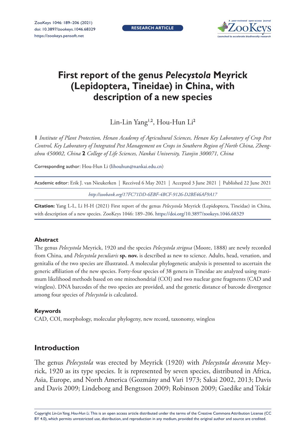 First Report of the Genus Pelecystola Meyrick (Lepidoptera, Tineidae) in China, with Description of a New Species