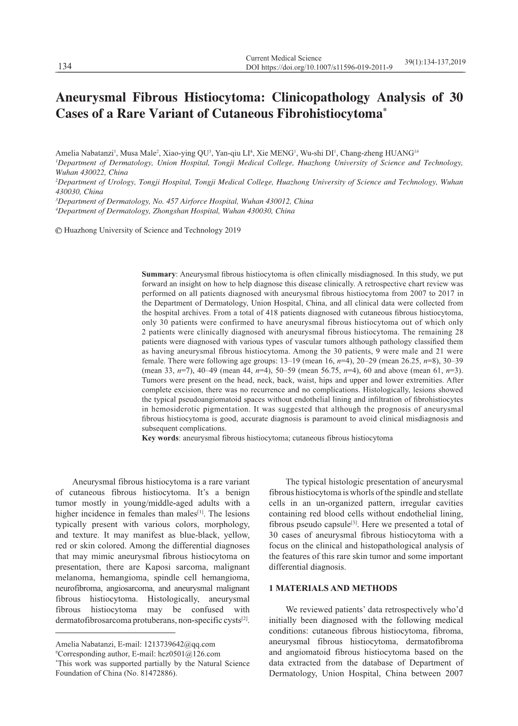 Aneurysmal Fibrous Histiocytoma: Clinicopathology Analysis of 30 Cases of a Rare Variant of Cutaneous Fibrohistiocytoma*