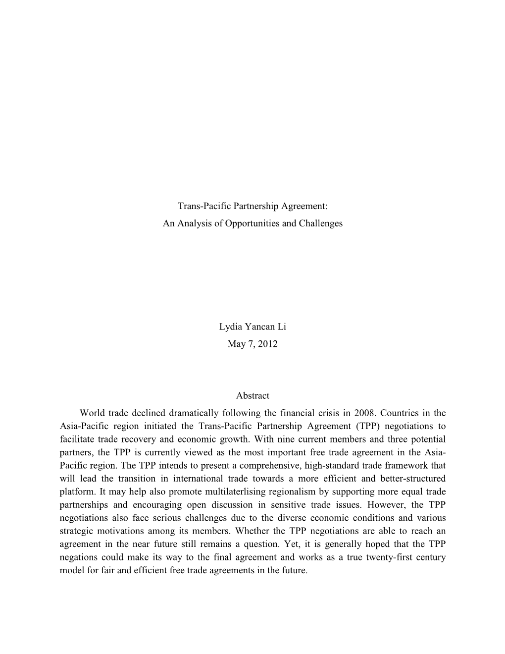 Trans-Pacific Partnership Agreement: an Analysis of Opportunities and Challenges