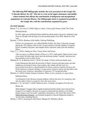 The Following PDF Bibliography Includes the Texts Presented on the Google Site “Colorado History for All”