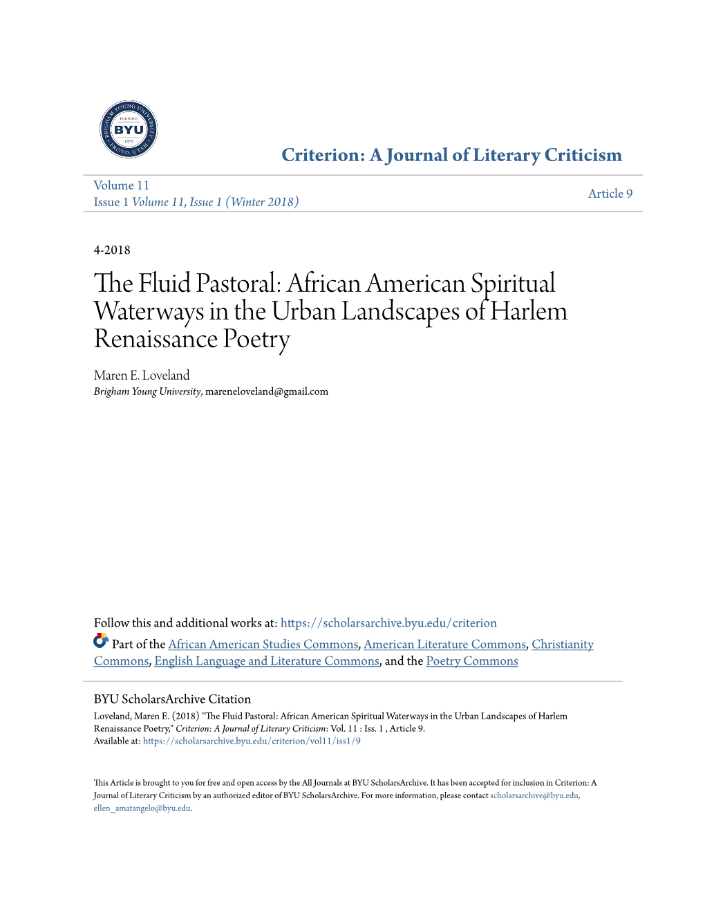 African American Spiritual Waterways in the Urban Landscapes of Harlem Renaissance Poetry Maren E