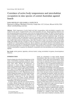 Correlates of Active Body Temperatures and Microhabitat Occupation in Nine Species of Central Australian Agamid Lizards