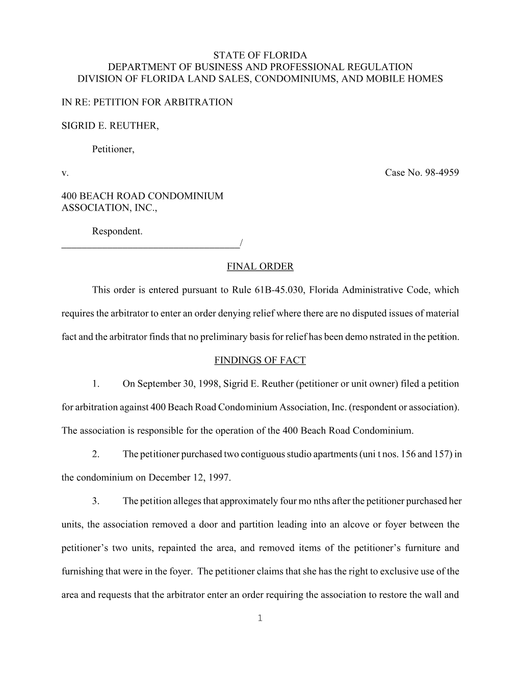 State of Florida Department of Business and Professional Regulation Division of Florida Land Sales, Condominiums, and Mobile Homes