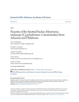 Parasites of the Spotted Sucker, Minytrema Melanops (Cypriniformes: Catostomidae) from Arkansas and Oklahoma Chris T