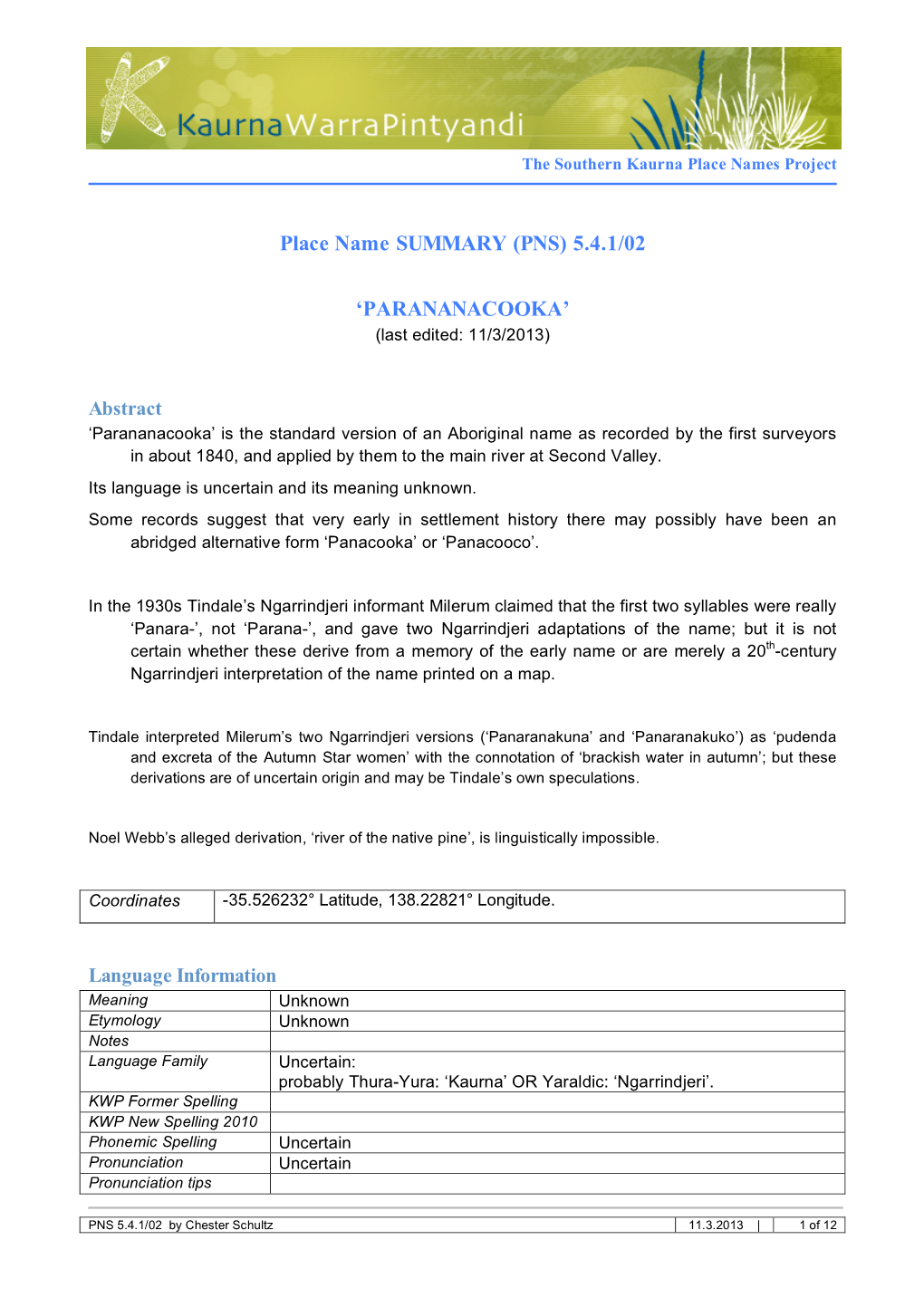 Place Name SUMMARY (PNS) 5.4.1/02 'PARANANACOOKA'