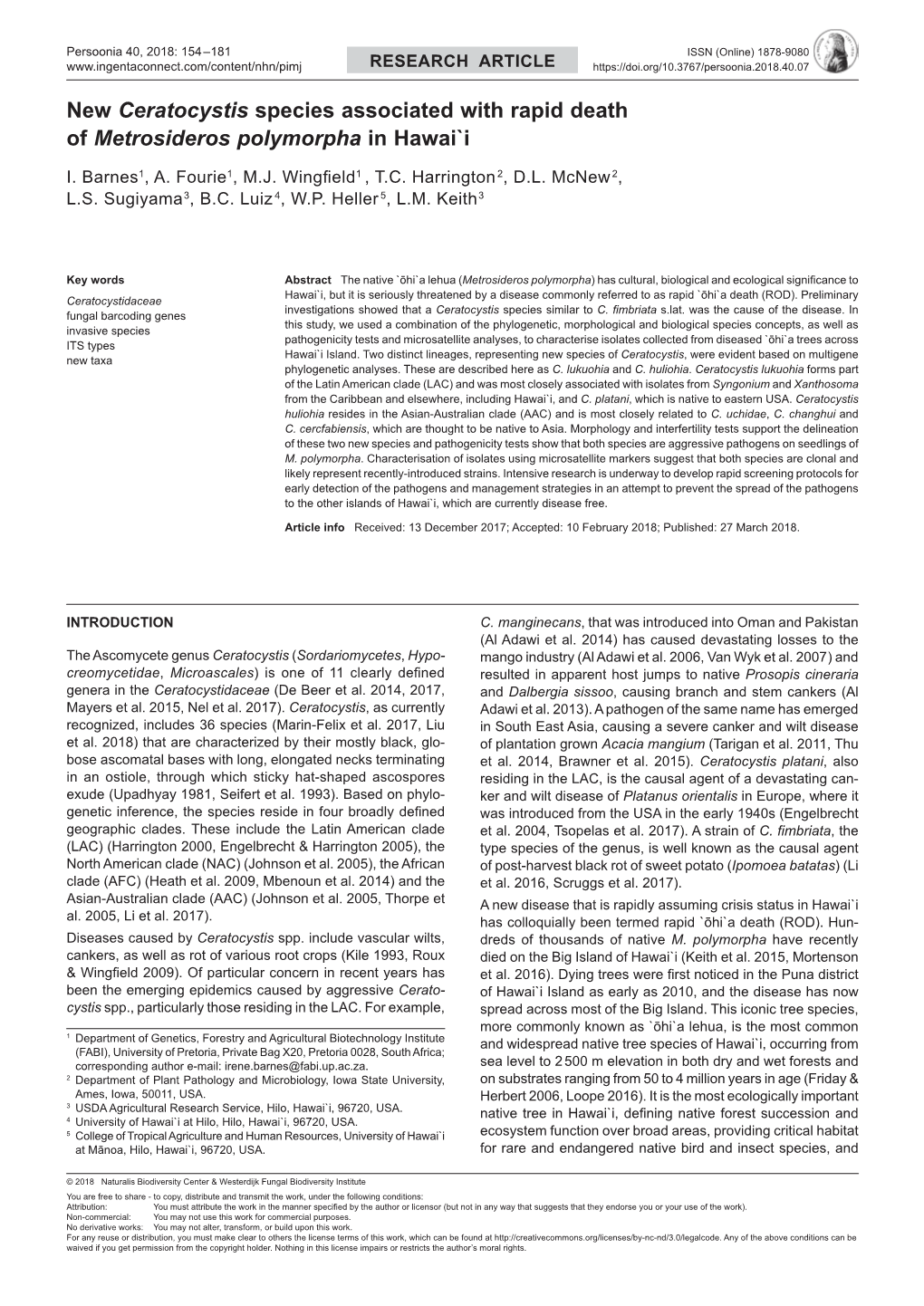 New Ceratocystis Species Associated with Rapid Death of Metrosideros Polymorpha in Hawai`I