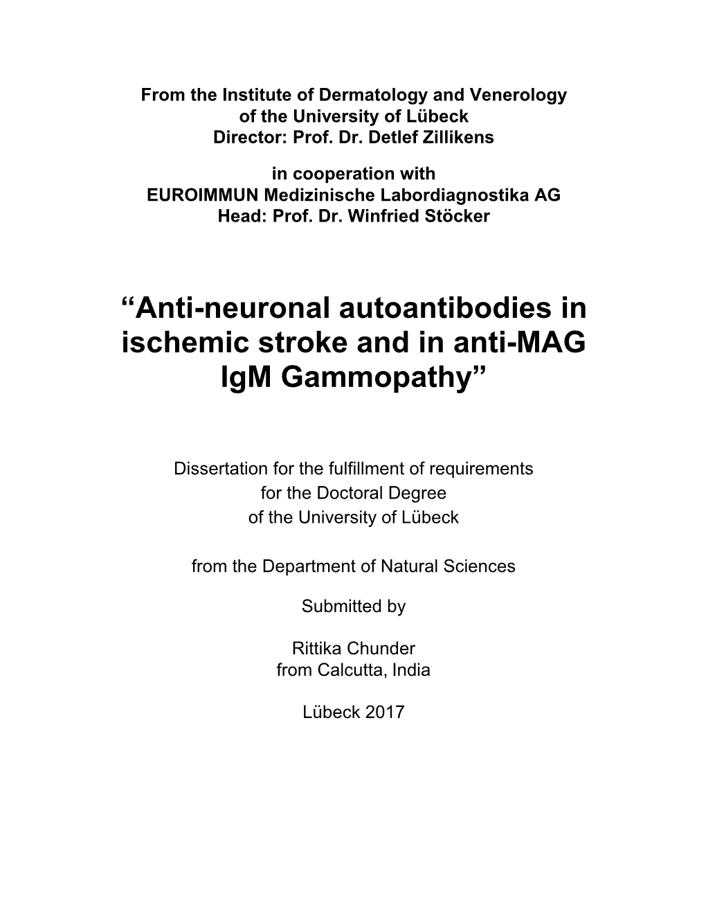 “Anti-Neuronal Autoantibodies in Ischemic Stroke and in Anti-MAG Igm Gammopathy”