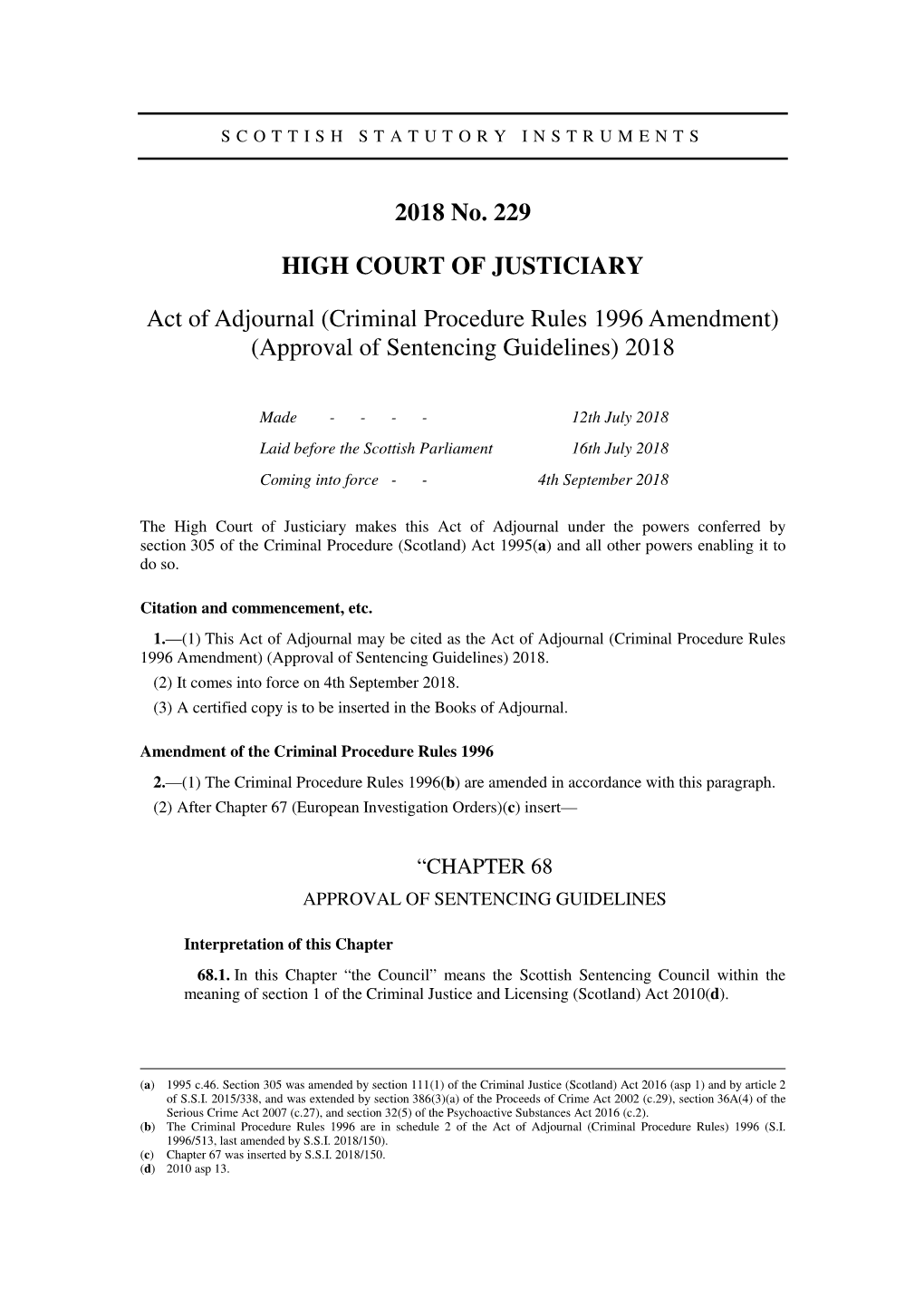 Act of Adjournal (Criminal Procedure Rules 1996 Amendment) (Approval of Sentencing Guidelines) 2018