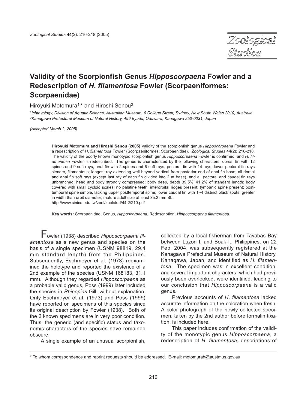 Validity of the Scorpionfish Genus Hipposcorpaena Fowler and a Redescription of H