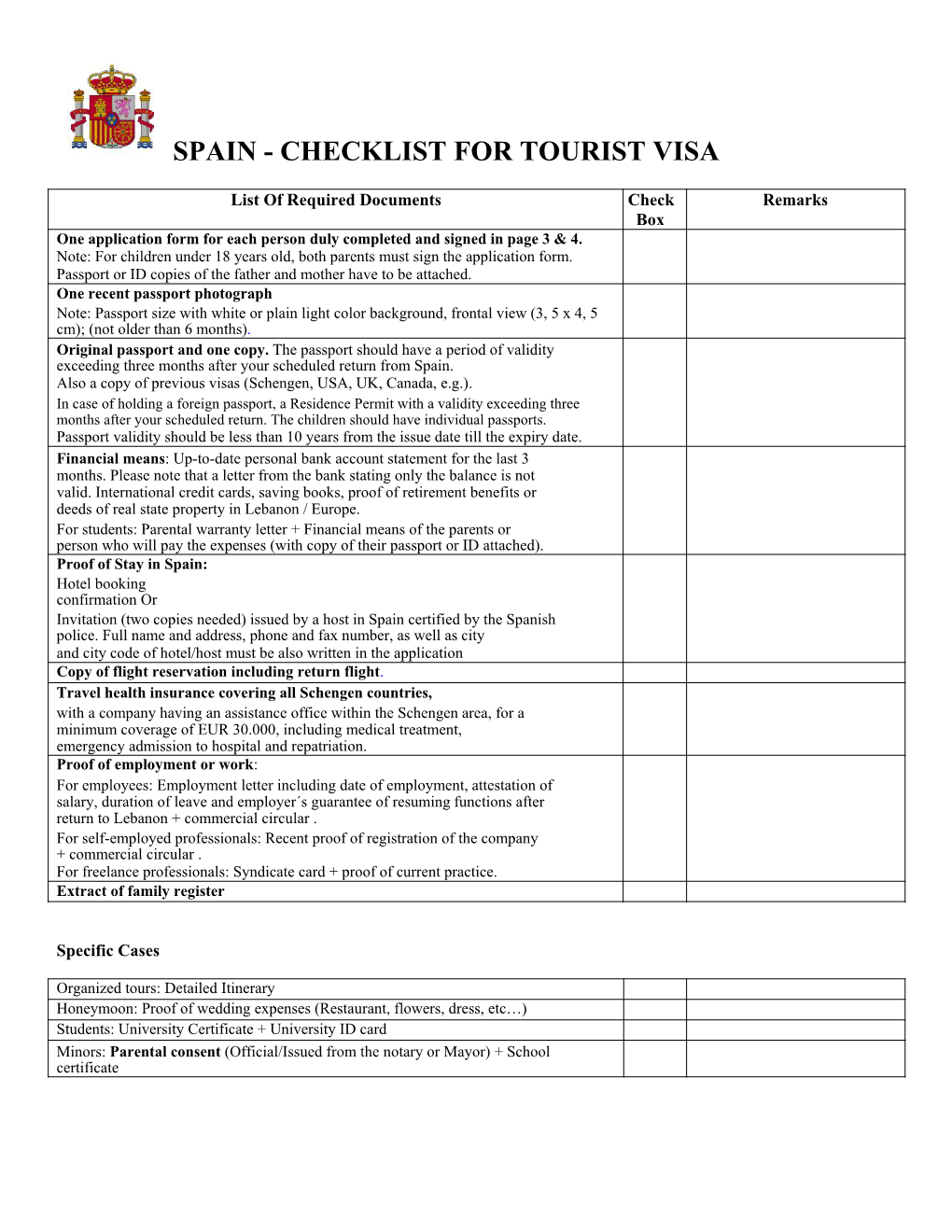 spain visit visa check list