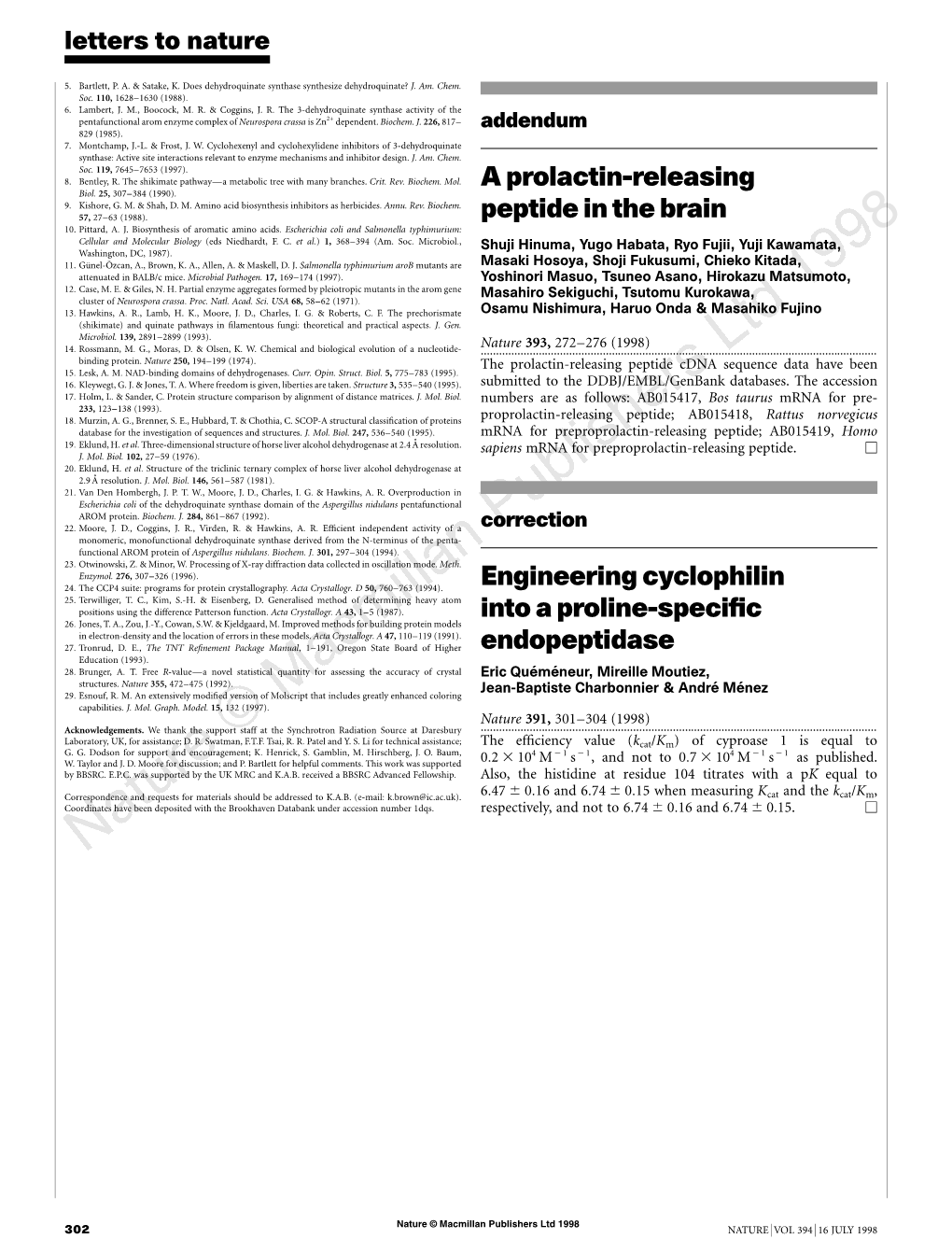 A Prolactin-Releasing Peptide in the Brain Engineering Cyclophilin Into A