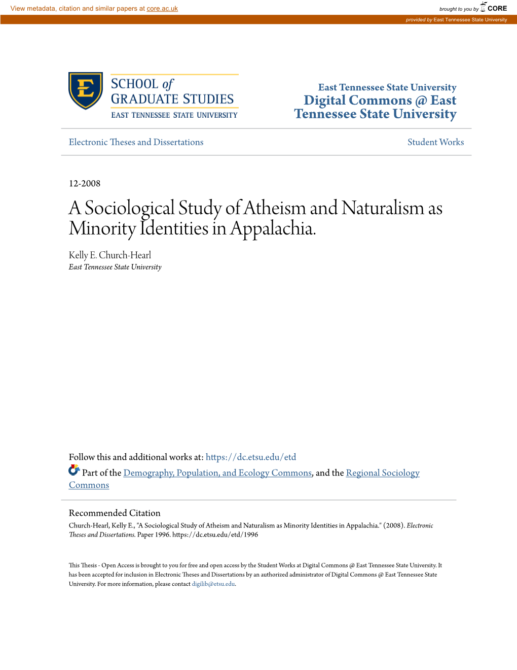 A Sociological Study of Atheism and Naturalism As Minority Identities in Appalachia