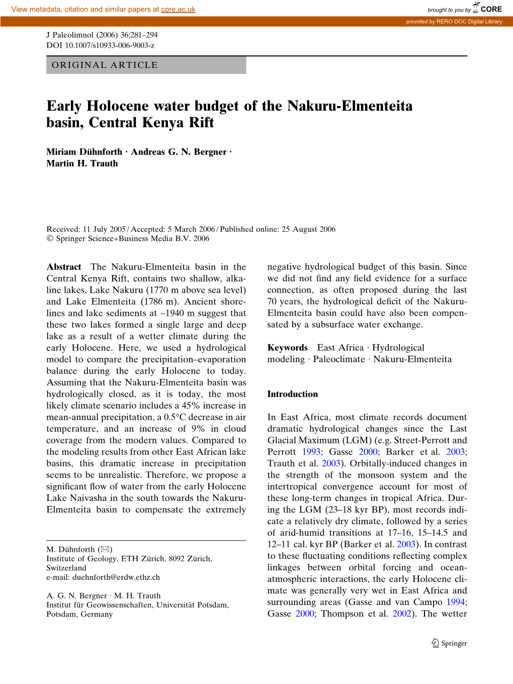 Early Holocene Water Budget of the Nakuru-Elmenteita Basin, Central Kenya Rift