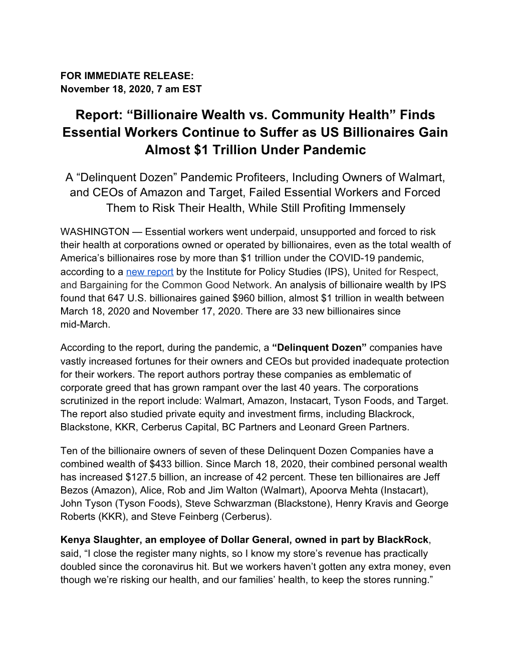 Billionaire Wealth Vs. Community Health” Finds Essential Workers Continue to Suffer As US Billionaires Gain Almost $1 Trillion Under Pandemic