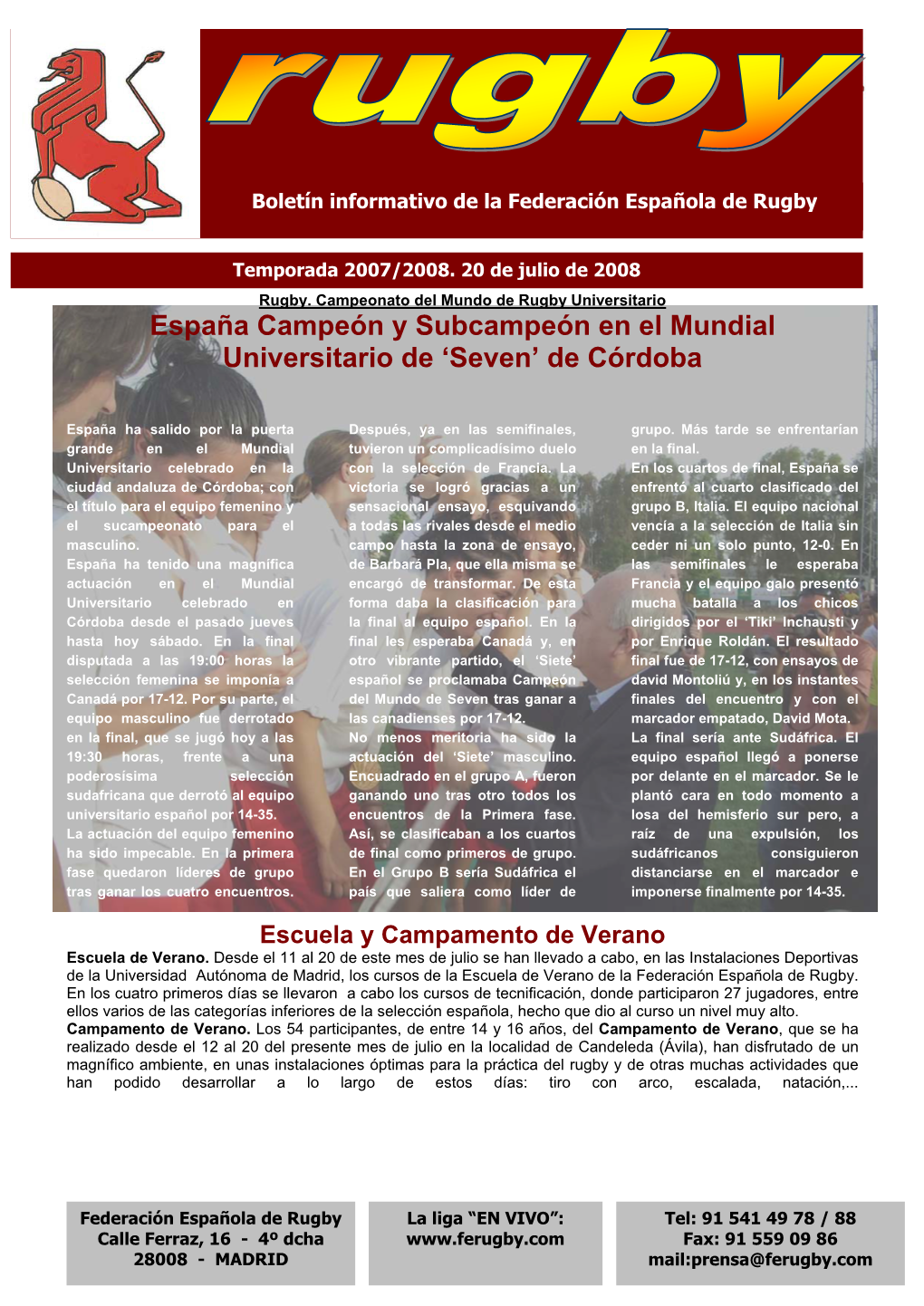 España Campeón Y Subcampeón En El Mundial Universitario De ‘Seven’ De Córdoba