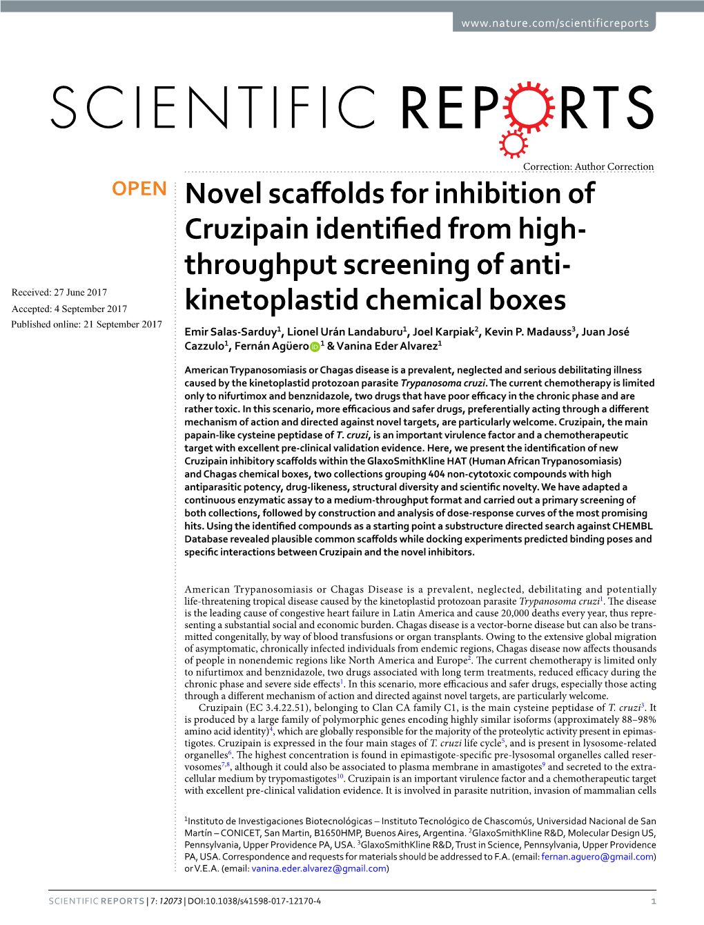 Novel Scaffolds for Inhibition of Cruzipain Identified from High
