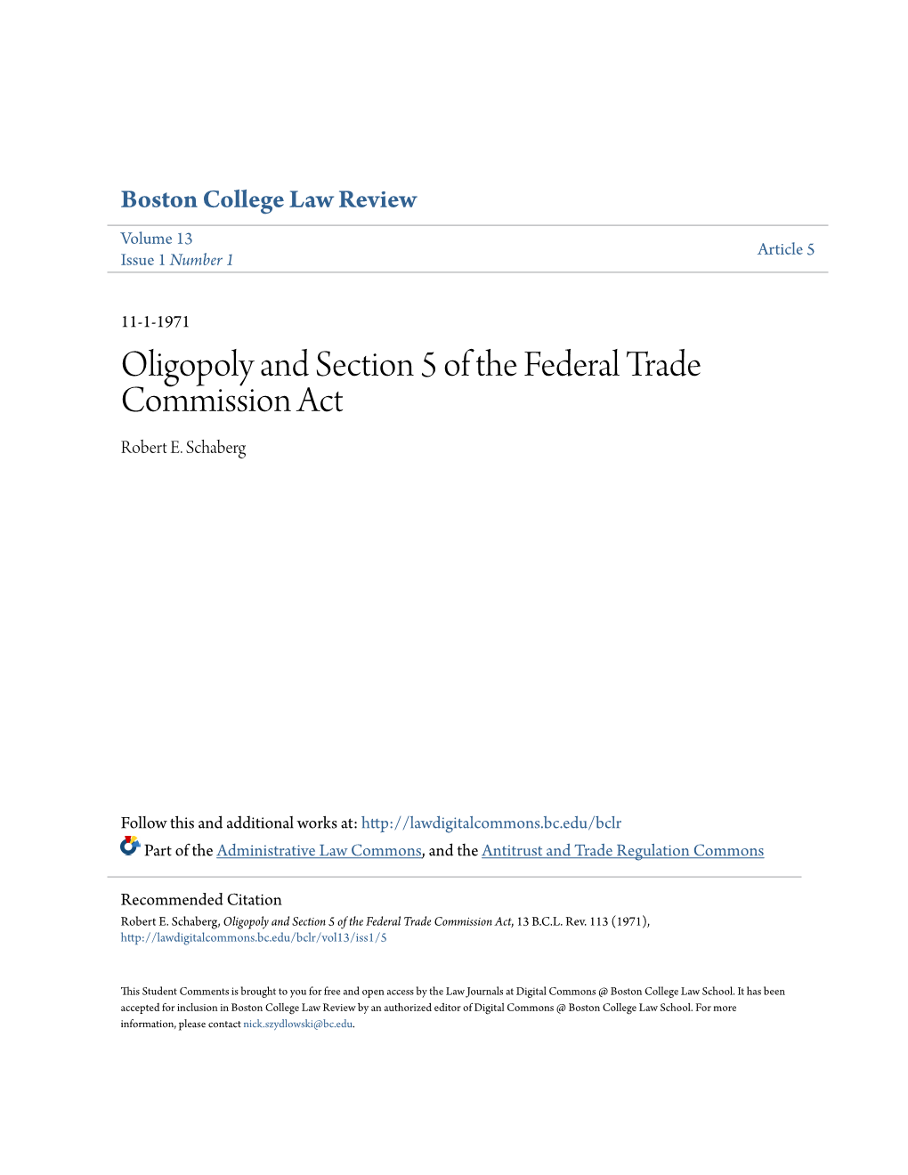Oligopoly and Section 5 of the Federal Trade Commission Act Robert E