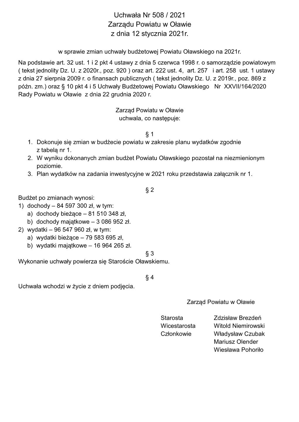 Uchwała Nr 508 / 2021 Zarządu Powiatu W Oławie Z Dnia 12 Stycznia 2021R