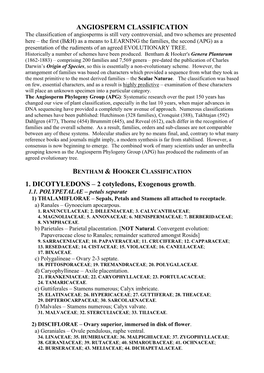 ANGIOSPERM CLASSIFICATION 1. DICOTYLEDONS – 2 Cotyledons