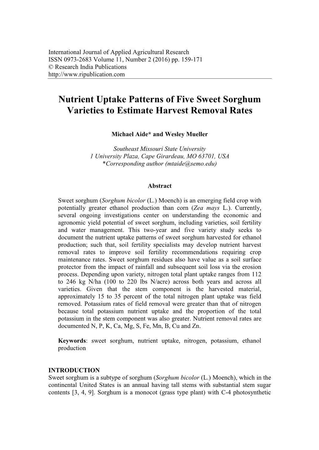 Nutrient Uptake Patterns of Five Sweet Sorghum Varieties to Estimate Harvest Removal Rates