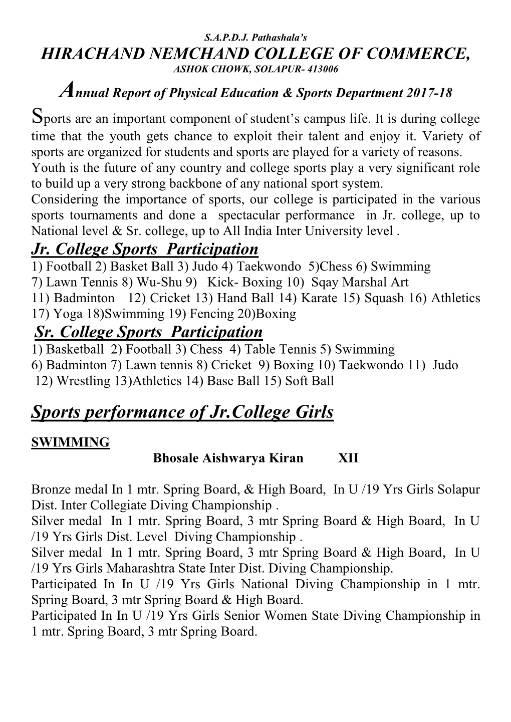 Sports Performance of Jr.College Girls
