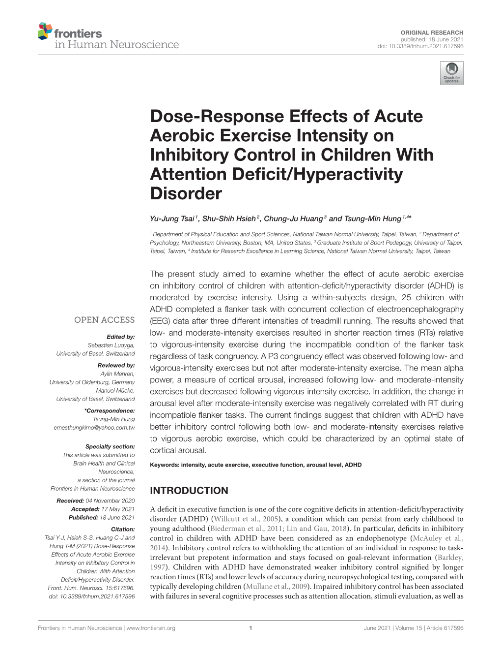 Dose-Response Effects of Acute Aerobic Exercise Intensity on Inhibitory Control in Children with Attention Deficit/Hyperactivity