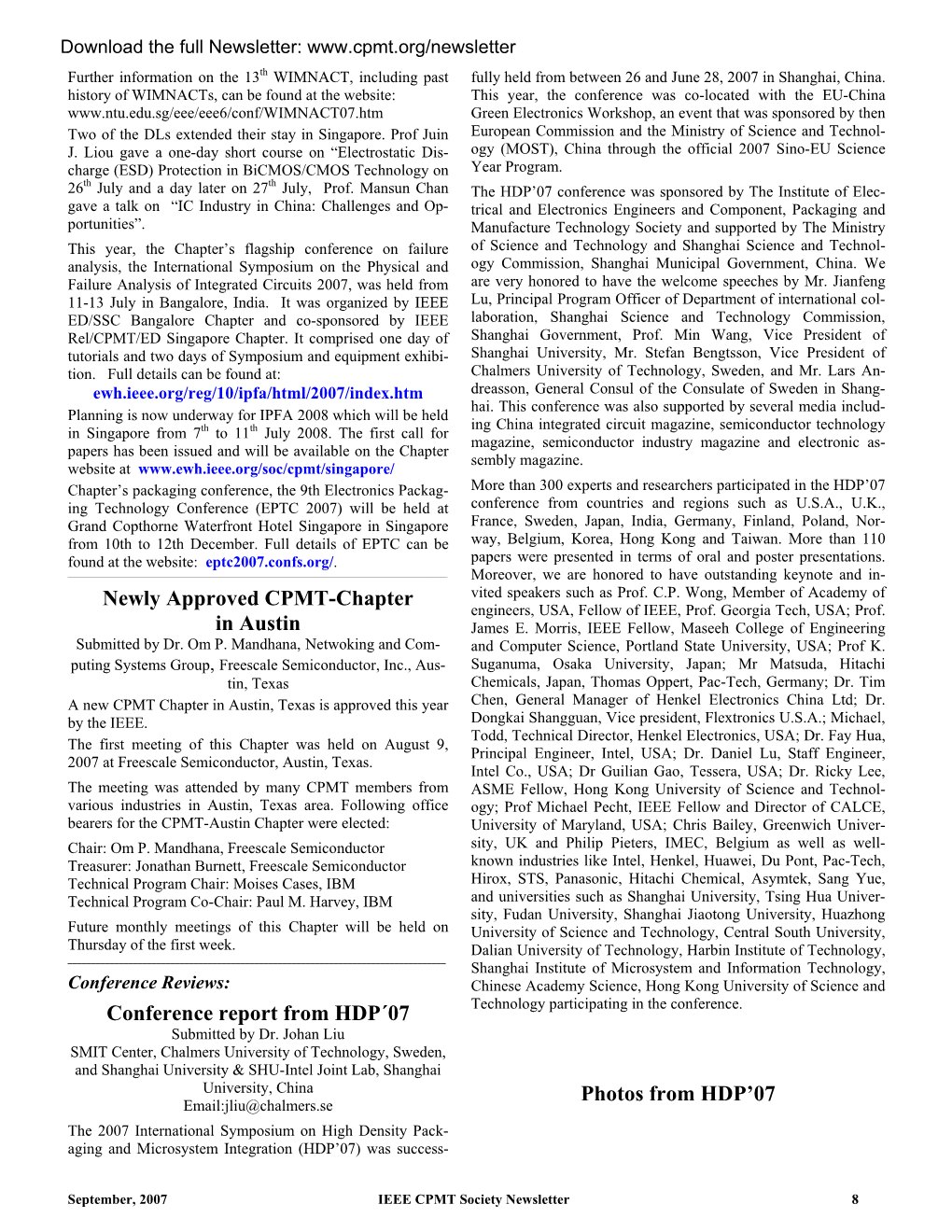 IEEE CPMT SOCIETY NEWSLETTER, September, 2007