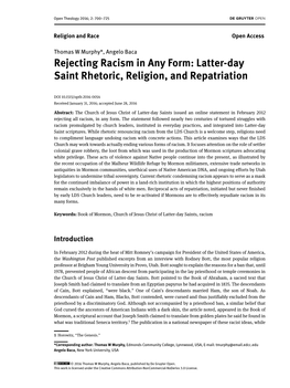 Rejecting Racism in Any Form: Latter-Day Saint Rhetoric, Religion, and Repatriation