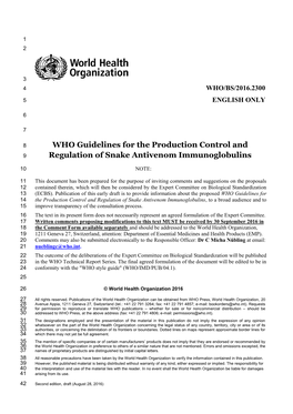 WHO Guidelines for the Production Control and Regulation of Snake