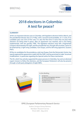 2018 Elections in Colombia: a Test for Peace?