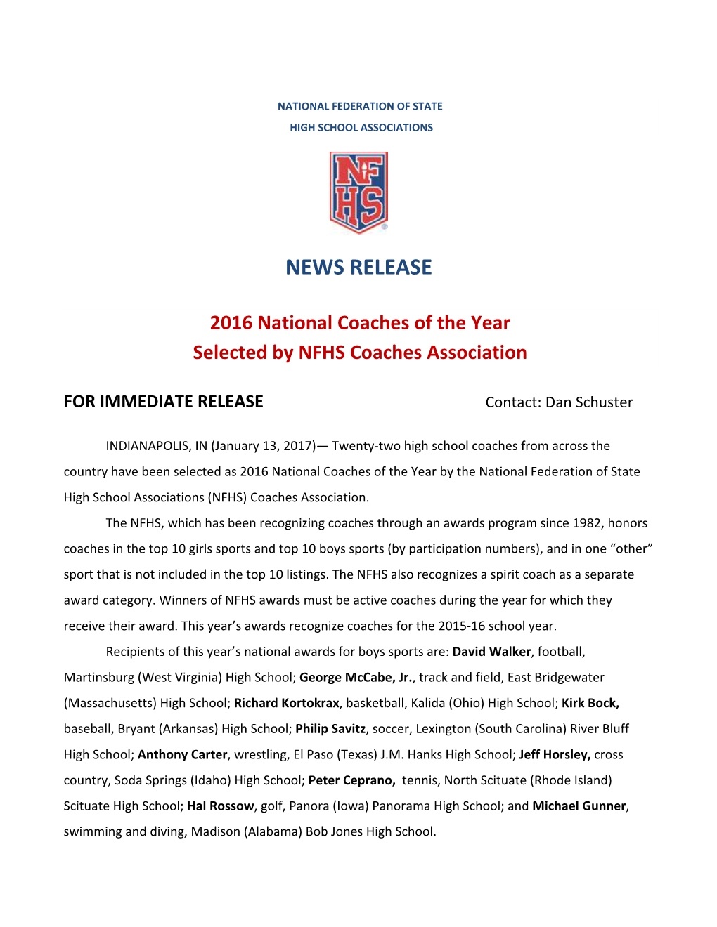 2016 National Coaches of the Year Selected by NFHS Coaches Association