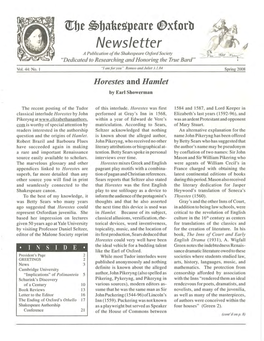 Newsletter a Publication of the Shakespeare Oxford Society "Dedicated to Researching and Honoring the True Bard"