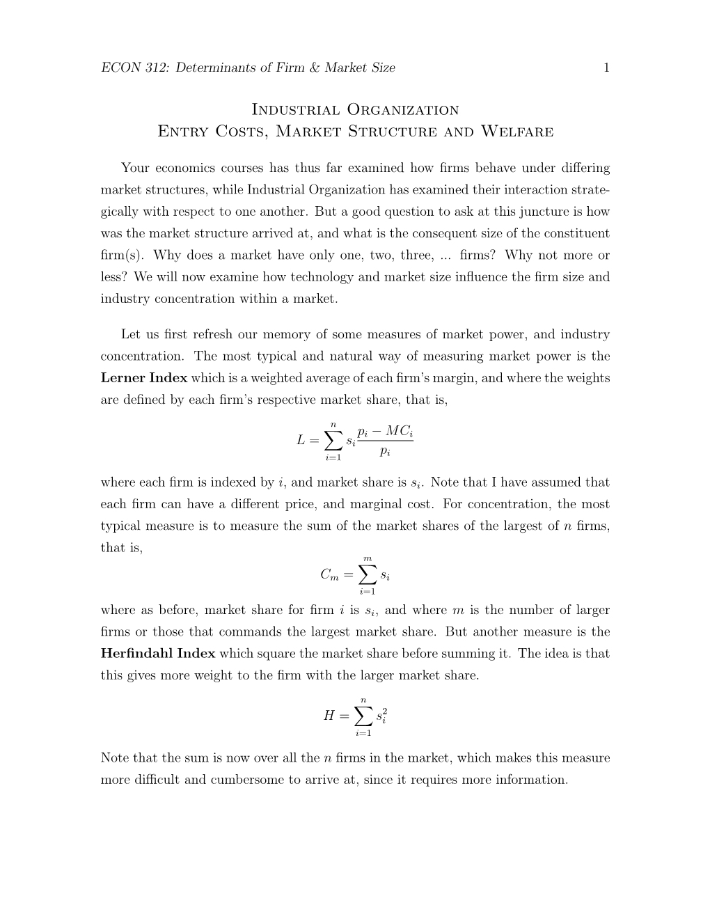 Industrial Organization Entry Costs, Market Structure and Welfare