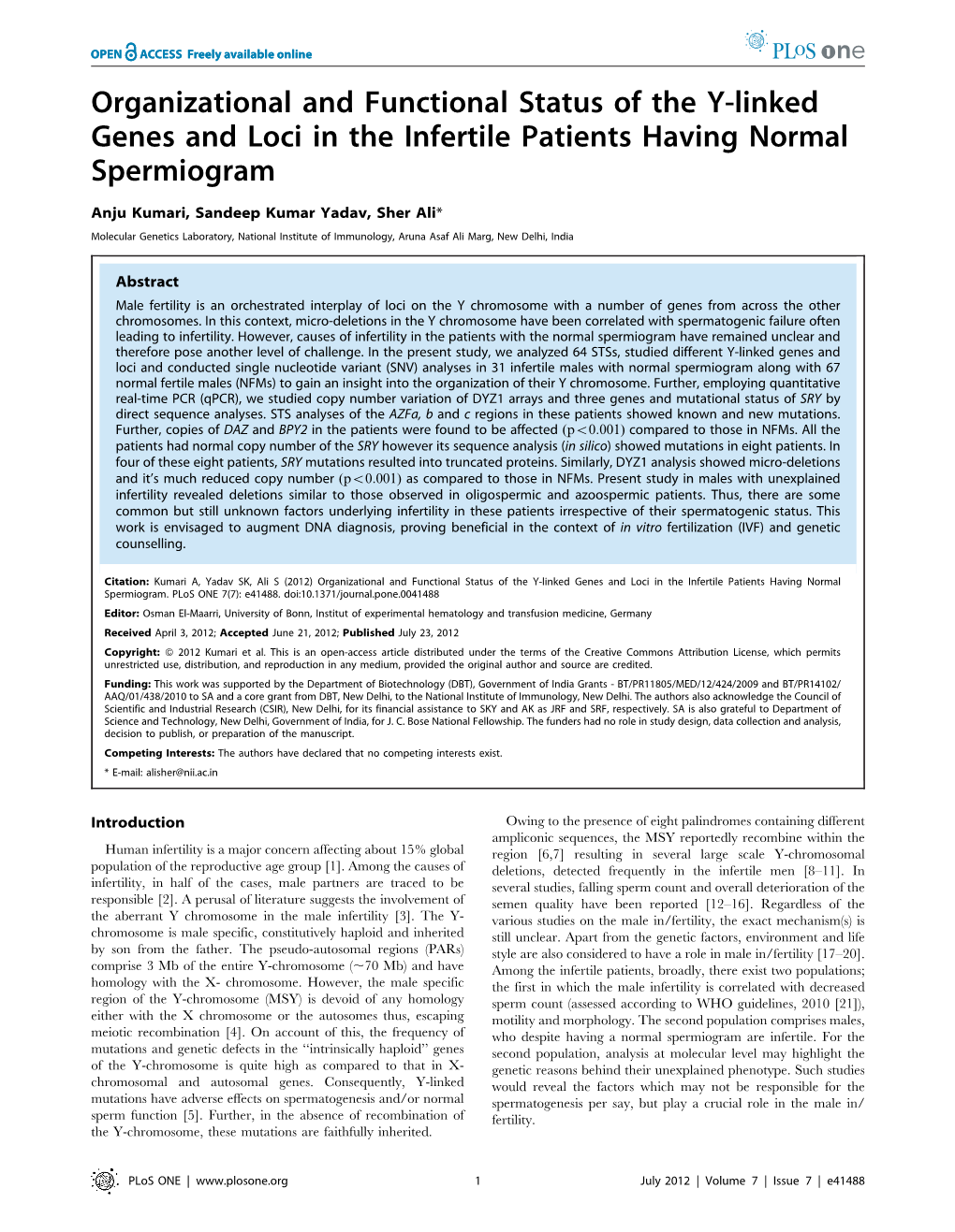 Organizational and Functional Status of the Y-Linked Genes and Loci in the Infertile Patients Having Normal Spermiogram