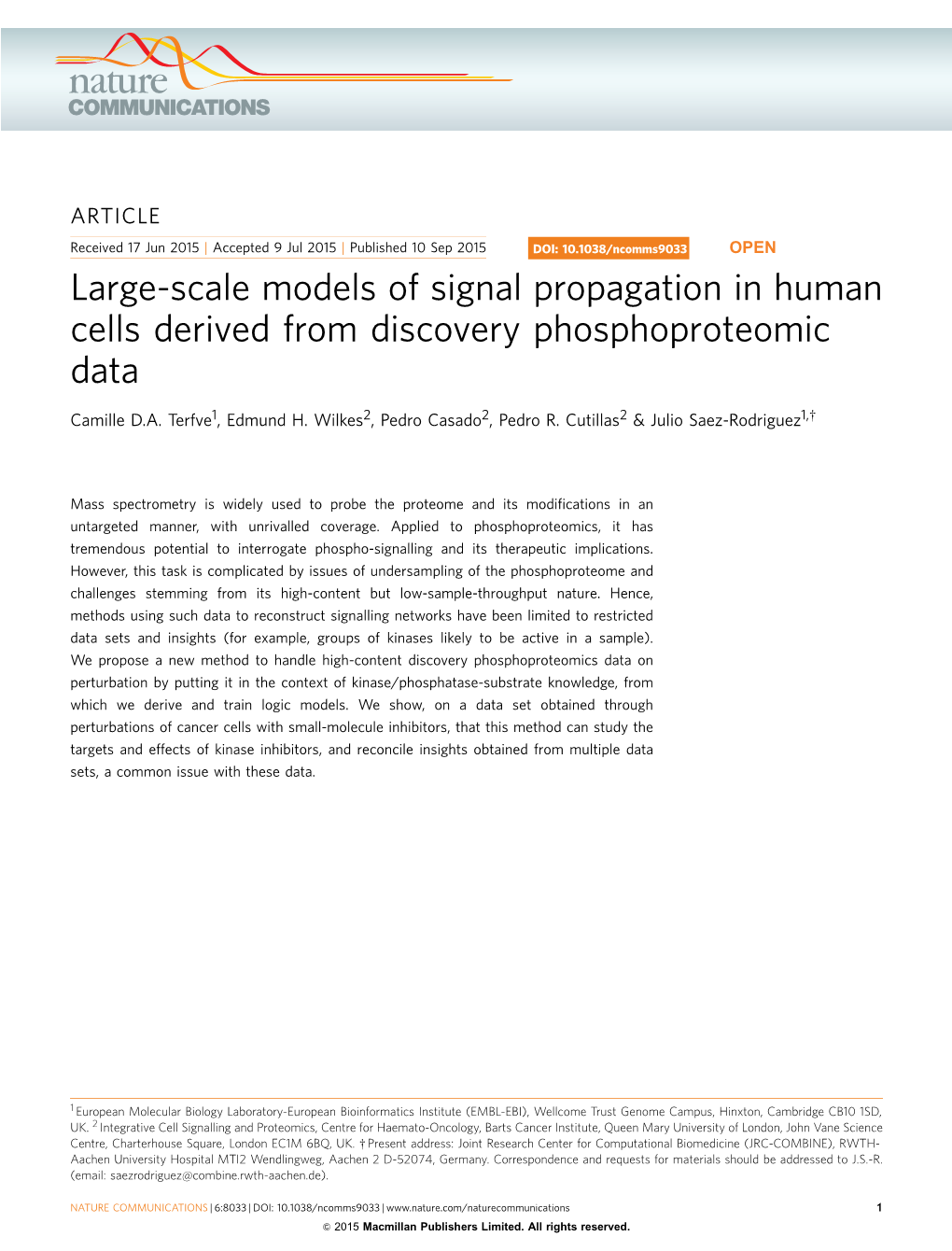 Large-Scale Models of Signal Propagation in Human Cells Derived from Discovery Phosphoproteomic Data