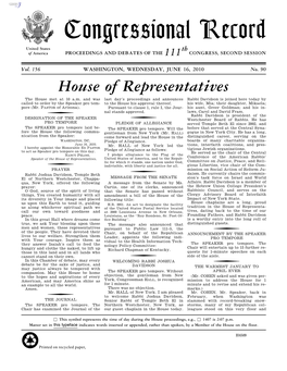 Congressional Record United States Th of America PROCEEDINGS and DEBATES of the 111 CONGRESS, SECOND SESSION